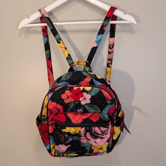 Vera Bradley Quilted Backpack Red Yellow Havana Rose Pattern Travel Brunch Bold - Picture 1 of 9
